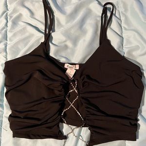 Rue 21 small black crop top tie up rhinestones in front